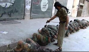 Allies like these ... Al Nusra photo shows its fighters executing prisoners in Aleppo